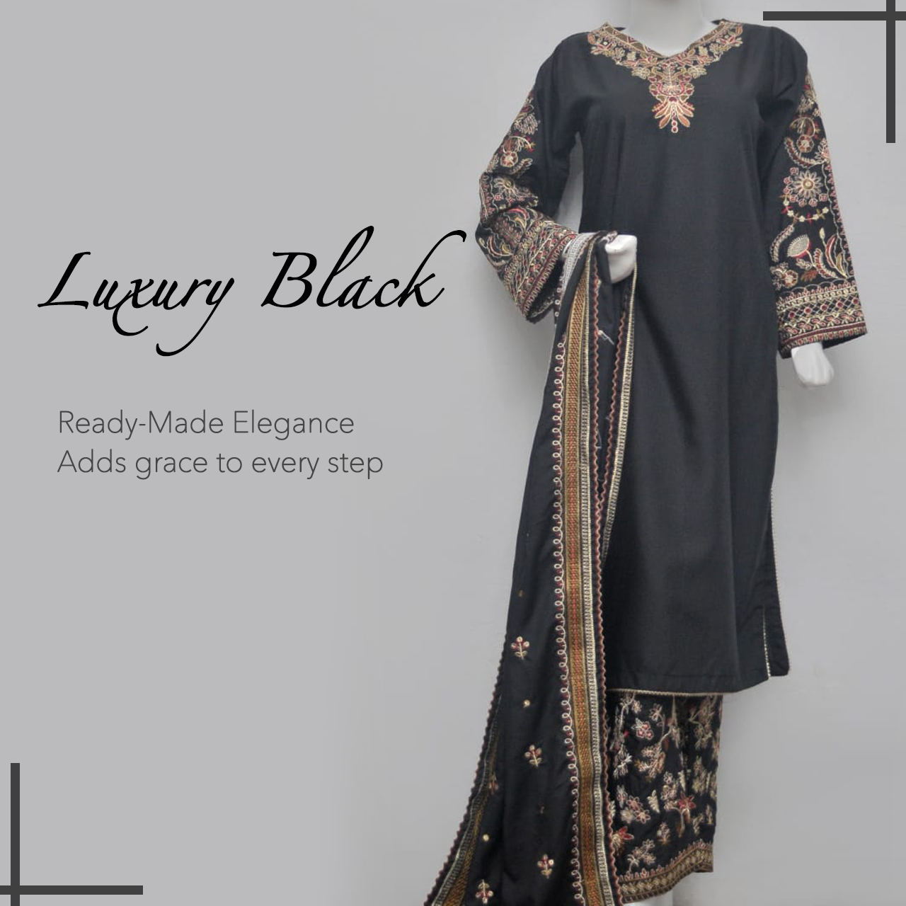 Luxury Black Embroidered Ready-Made 3 Piece Suit | All-Season Formal Wear